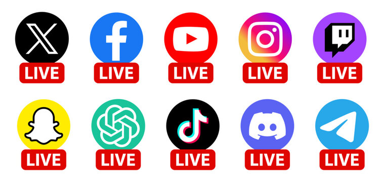 Live Streaming Social Media Icons Set,Instagram, Telegram, Facebook,X,TikTok, Snapchat, Discord, SoundCloud,Signal,Apple Music, ,Bluesky ,Twitch, Spotify,Signal,Apple Podcast,Deezer
