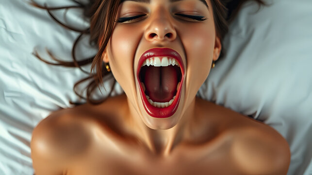 moaning young sensual latinx woman with open mouth and closed eyes getting sexual pleasure, orgasm, top view portrait. erotic, sex, masturbation and cunnilingus.