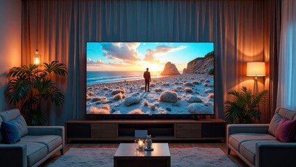 Cozy living room with large screen tv displaying beach scene at sunset