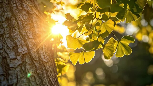 Sunlight shining on ginkgo leaves