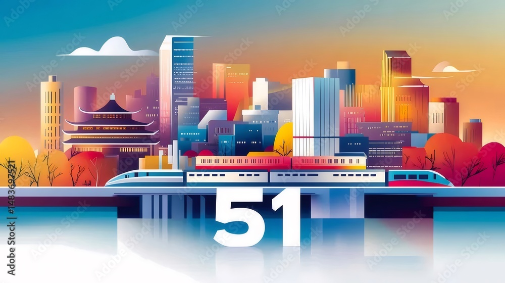 Poster 青い水に反射する鮮やかな街並みを背景にした赤い高速列車の抽象的なイラスト