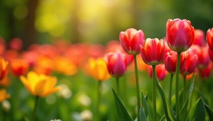 Obraz premium Vibrant tulips blooming in a lush spring garden , leaves, buds