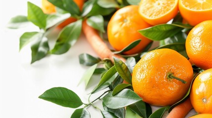 Fresh oranges with leaves and stems