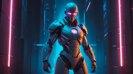 Naklejka premium Futuristic Cyberpunk Android with Neon Circuitry in a Sci-Fi 3D Environment: A Detailed Robotic Portrait of Artificial Intelligence in Virtual Reality with Glowing Armor and Intricate Design