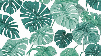 Tropical Monstera Leaves Illustration: Exotic Green Botanical Pattern for Nature-Inspired Wallpaper and Home Decor