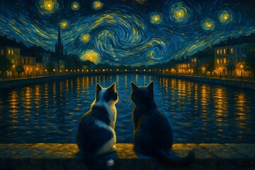 Two cats sit on an embankment at night gazing at each other above a shimmering river beneath a starry sky