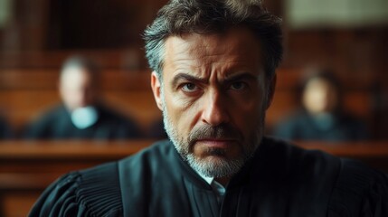 Fototapeta premium Prosecutor delivering a powerful argument chest up framing deep expression blurred judges bench behind