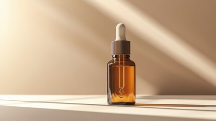 Fototapeta premium Amber Bottle of Essence Oil Dropper with Calming Beige Background in Sunlight and Shadow Effects