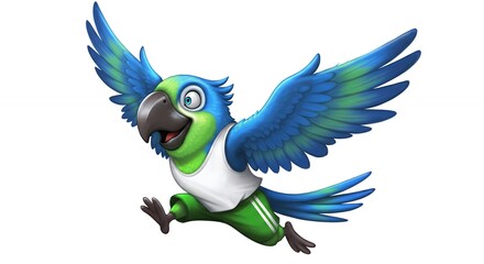 Fototapeta premium Cartoon parrot in flight illustration on a white background bright bird with blue green wings and happy expression