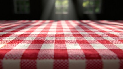 Red and white checkered fabric, sunlight, windows