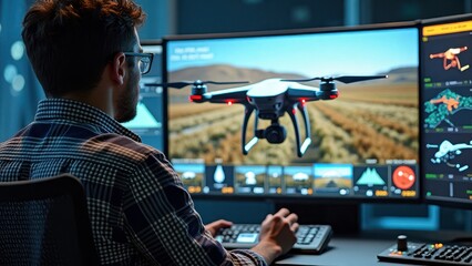 Caucasian male using drone control technology in agricultural monitoring