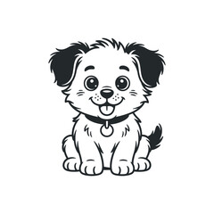 Adorable Cartoon Puppy Sitting with Collar Happy Expression Black and White Illustration
