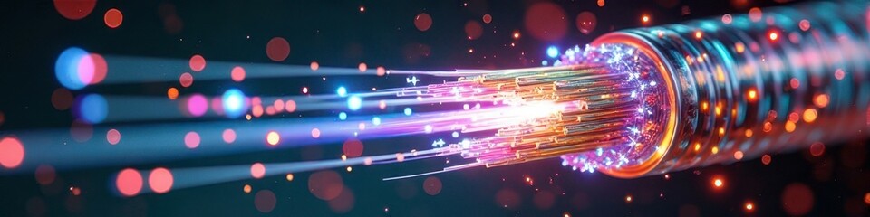 Vibrant fiber optic cables with colorful light beams and bokeh