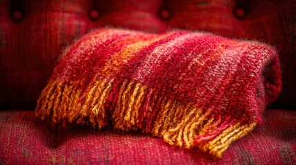 Fototapeta premium Red-orange blanket on a red, tufted surface