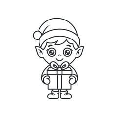 Adorable Christmas Elf Cartoon Character Holding a Gift Box Outline Illustration