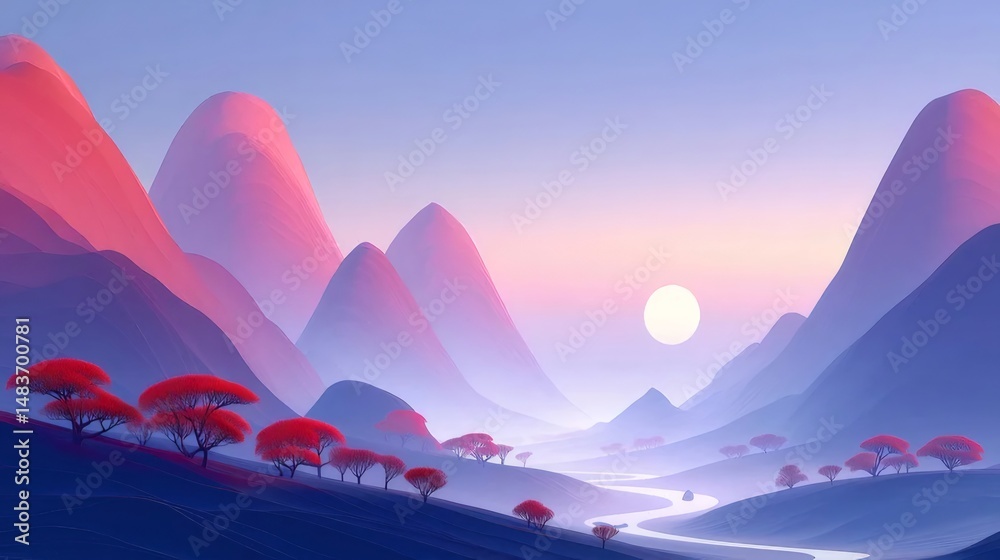 Aufkleber 夕暮れ時の鮮やかな山々と赤い木の風景 パステルカラーの空と流れる川の静かな景色