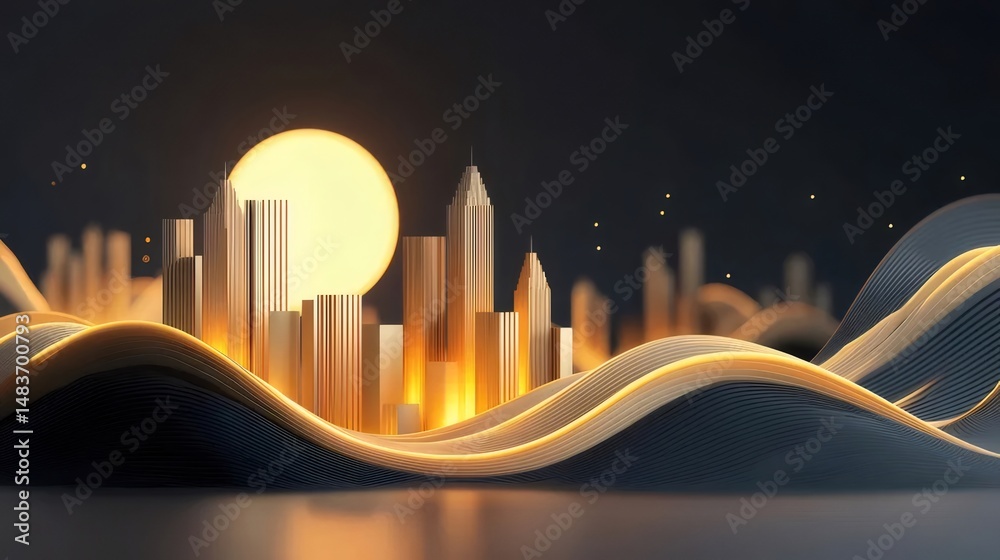 Poster 輝く黄金都市の抽象的な景観 夜の背景に波状のテクスチャを持つ現代的な建築デザイン ミニマリストアートの未来的な３Dレンダリング