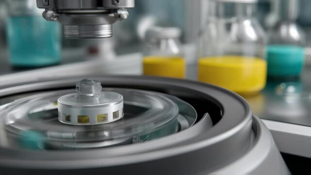 A lab environment featuring a stateoftheart centrifuge with tubes inside spinning rapidly symbolizing advanced research techniques in motion.