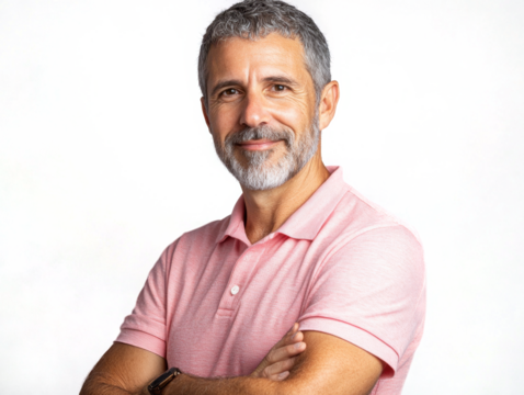 Portrait of smiling mature grey-haired man standing, isolated on transparent background