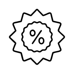 Outline icon of discount badge with percentage symbol inside starburst shape, representing sale offer, price reduction and promotional campaign in marketing