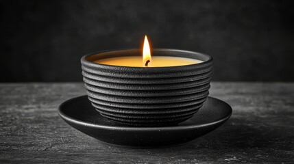 Illuminated Candle in Dark Ceramic Bowl Creating Serene Atmosphere and Reflective Warmth at Home
