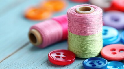 Close-Up of Colorful Buttons, Spools of Thread, and Assorted Sewing Accessories