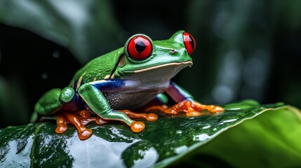 Fototapeta premium A redeyed tree frog sitting on a wet leaf in a lush rainforest nature photography close-up perspective