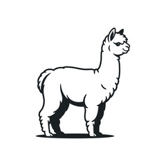Black and White Illustration of a Fluffy Alpaca Standing Side Profile
