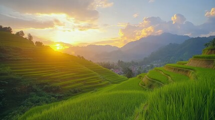Fototapeta premium Golden sunset over terraced rice paddies