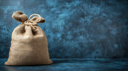 Rustic Burlap Sack Filled with Treasures against Dark Cyan Backdrop with Textured Appearance