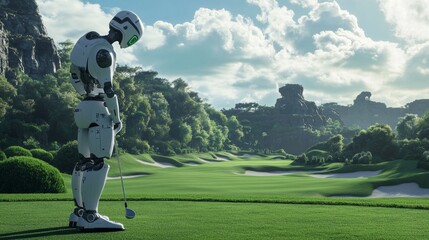 Robot golfer adjusts shot on scenic golf course digital art nature-inspired futuristic technology perspective