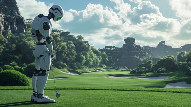 Robot golfer adjusts shot on scenic golf course digital art nature-inspired futuristic technology perspective