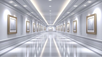 Fototapeta premium Minimalistic White Art Gallery Corridor with Reflective Floors and Soft Lighting