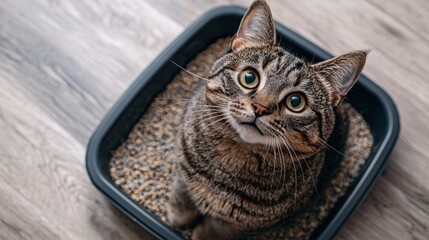 Tabby Cat Sitting Comfortably in Litter Box Looking Upwards Adorable Domestic Feline