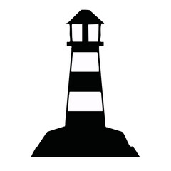 Black White silhouette lighthouse on a rock vector graphic icon design
