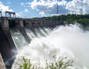 a dam with multiple spillways open creating an intense rush of white water