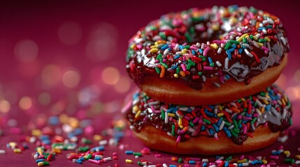 Colorful donuts stacked, vibrant glazed donuts topped with sprinkles on a rich background, perfect for dessert promotions.