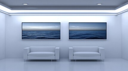 Minimalist Art Gallery with Abstract Pieces and Sleek Couch Arrangement