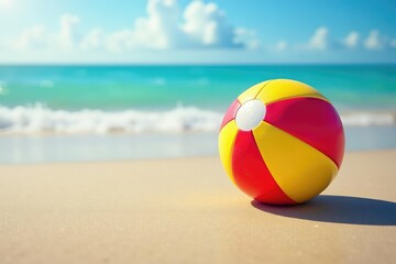 A colorful beach ball bounces away from a sandy shore , vibrant, fun, vacation