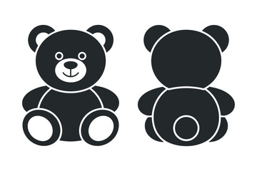 Simple Black Teddy Bear Icon Front and Back View Illustration
