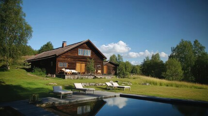 Obraz premium Charming Barn House Surrounded by Lush Greenery and Scenic Landscape, Perfect for Modern Family Living