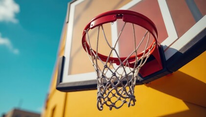 Backboard detail, showing net and hoop attachment, sports equipment, athletic