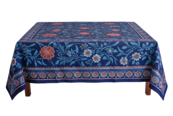 PNG Ornate blue floral tablecloth with intricate patterns on wooden table