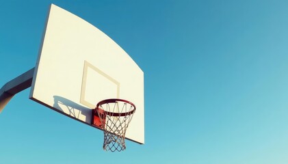 Naklejka premium Close-up of a tall basketball backboard against clear sky, net, rim, backboard