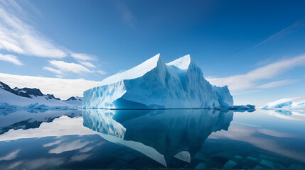 Iceberg partially submerged, mirrored view, symbolizing hidden layers of data and technology beneath the surface, vibrant and detailed