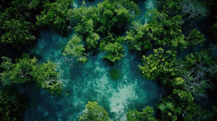 High-angle view of a lush mangrove forest.