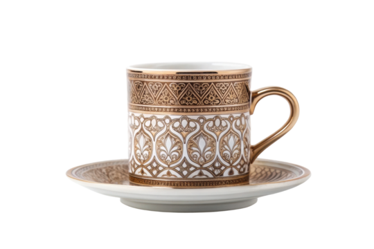PNG Ornate ceramic coffee cup with intricate gold patterns on saucer