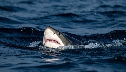 Fototapeta premium powerful shark emerging from dark waters creates striking visual at twilight