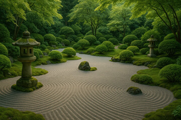Stone path crossing garden, leads to small pond.