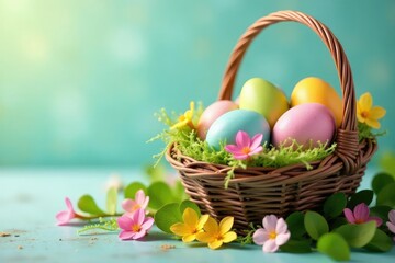 Naklejka premium Colorful Easter eggs in a basket, springtime decorations , flowers, springtime, colorful